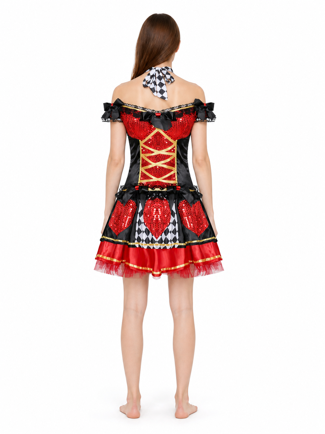 Clown Costume with a Full Skirt and Bow on the Straps back view