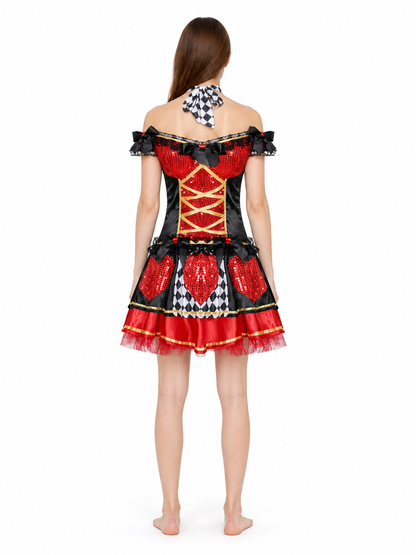 Clown Costume with a Full Skirt and Bow on the Straps back view