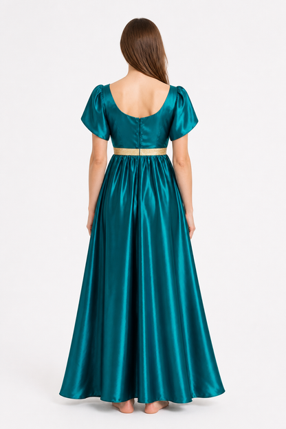 Blue Dress with a Square Neckline and Empire Waist back view