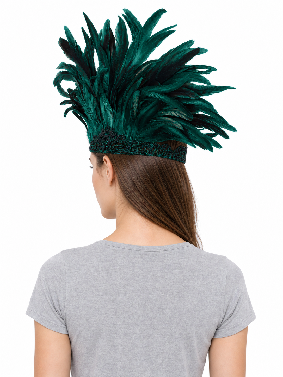 1pc Green Feather Headpiece With Black Lace Eye Mask, Exaggerated Party Style back view 2