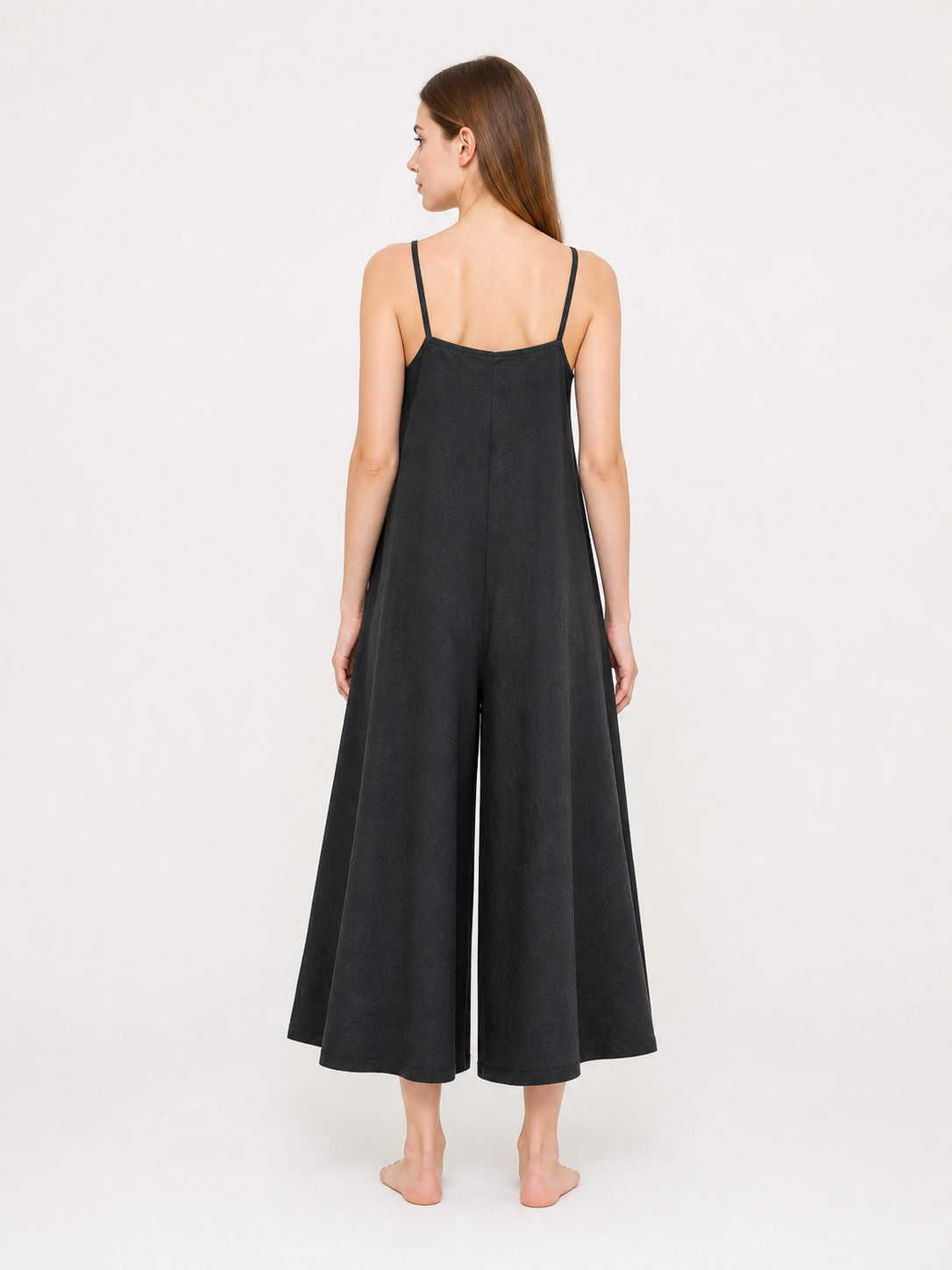 Loose Wide-Leg Black Cotton and Linen Overalls with Straps