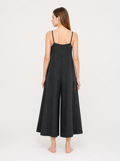 Loose Wide-Leg Black Cotton and Linen Overalls with Straps