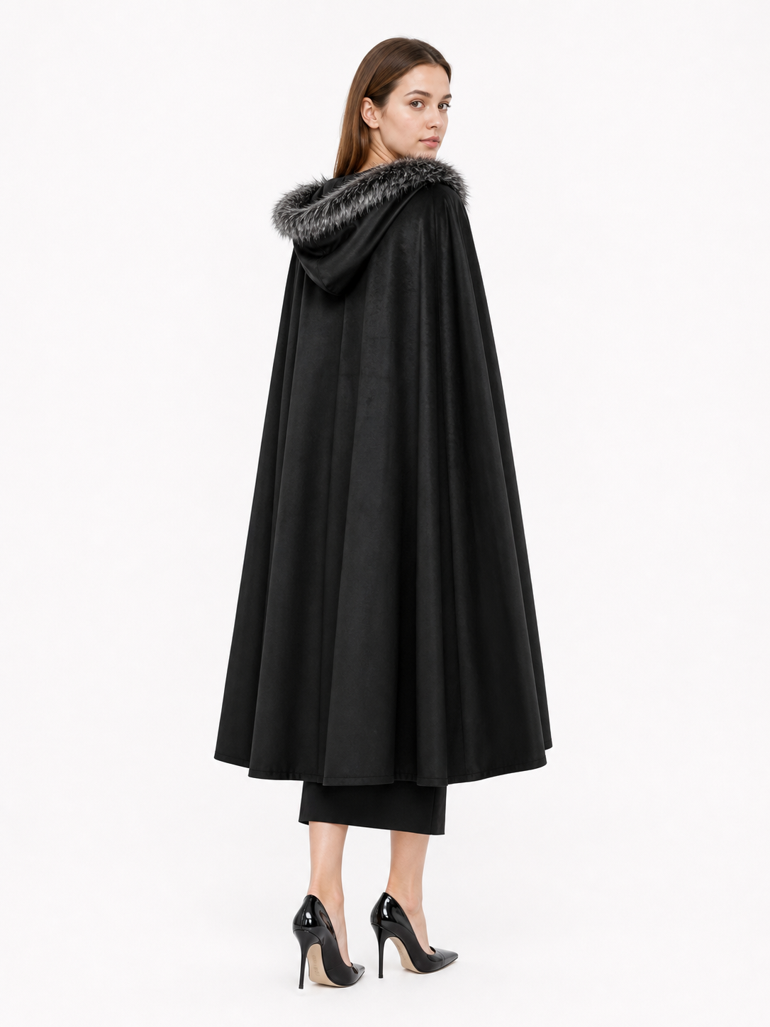 Black hooded costume cloak with fur trim
