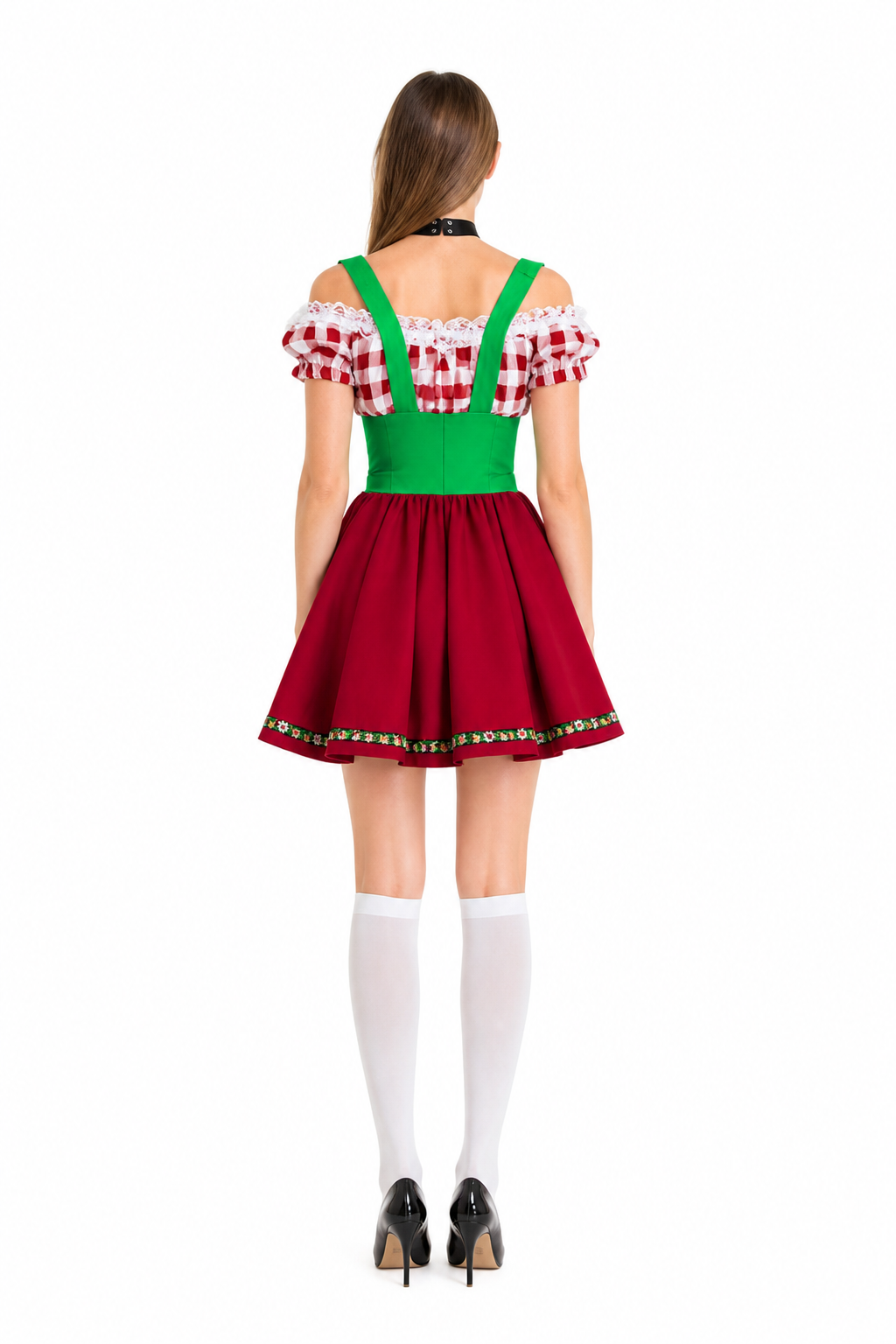 Folk Costume with Red-and-White Plaid for Oktoberfest back view