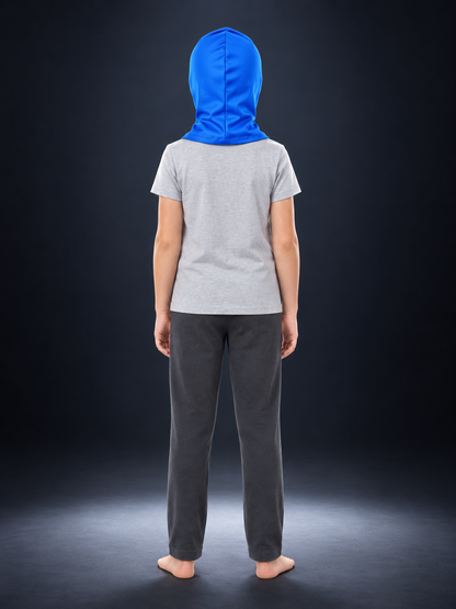 Blue carnival hood headpiece with face print