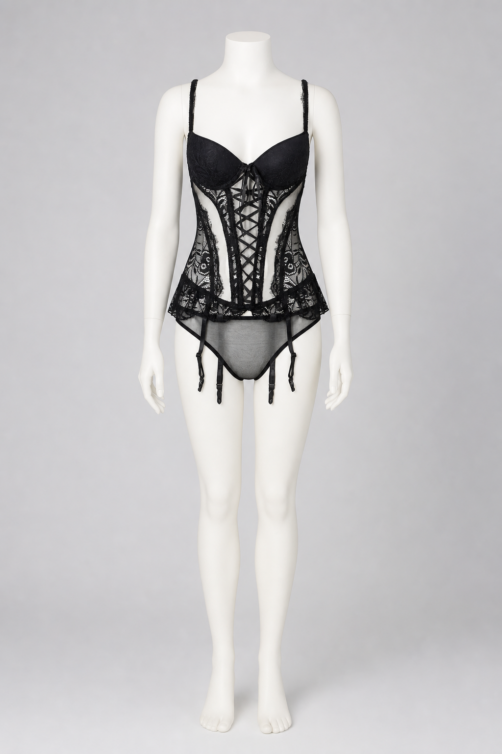 Erotic Bodysuit with Lace Pattern and Garters back view