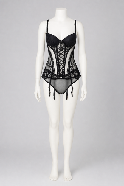 Erotic Bodysuit with Lace Pattern and Garters back view