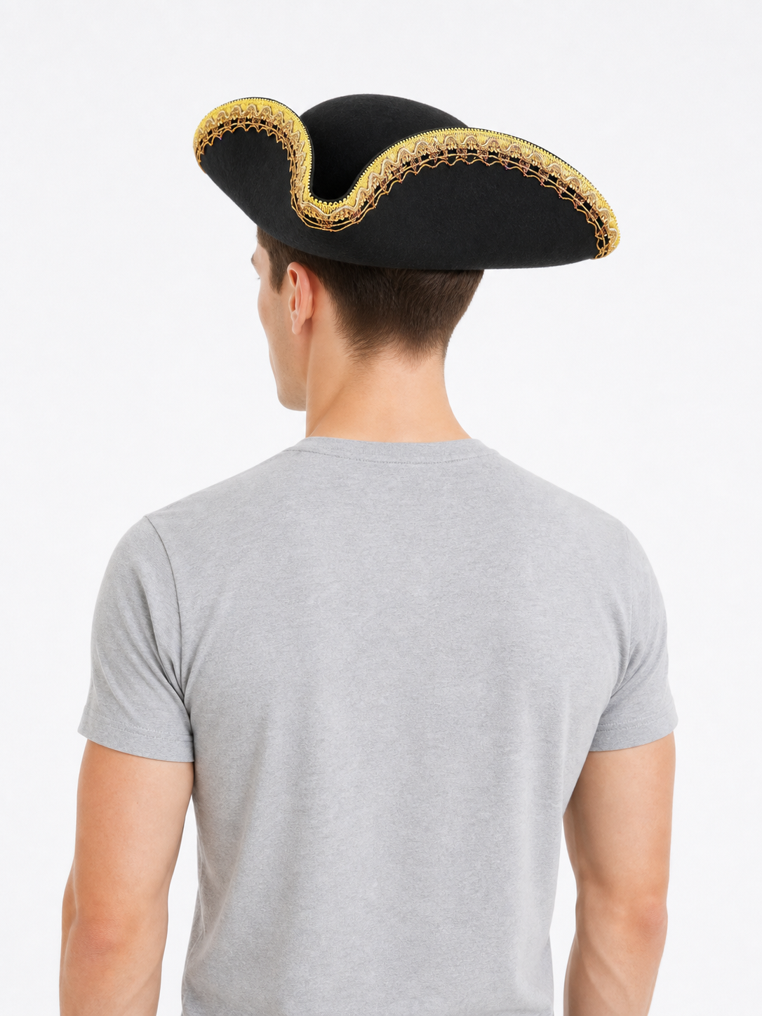 Black and Gold Trim Pirate Hat, Wide Curved Tricorn Costume Headpiece with Structured Crown for Cosplay, Costume Parties and Themed Events