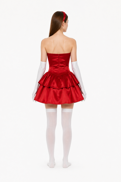 Red Strapless Dress with Layered Skirt back view