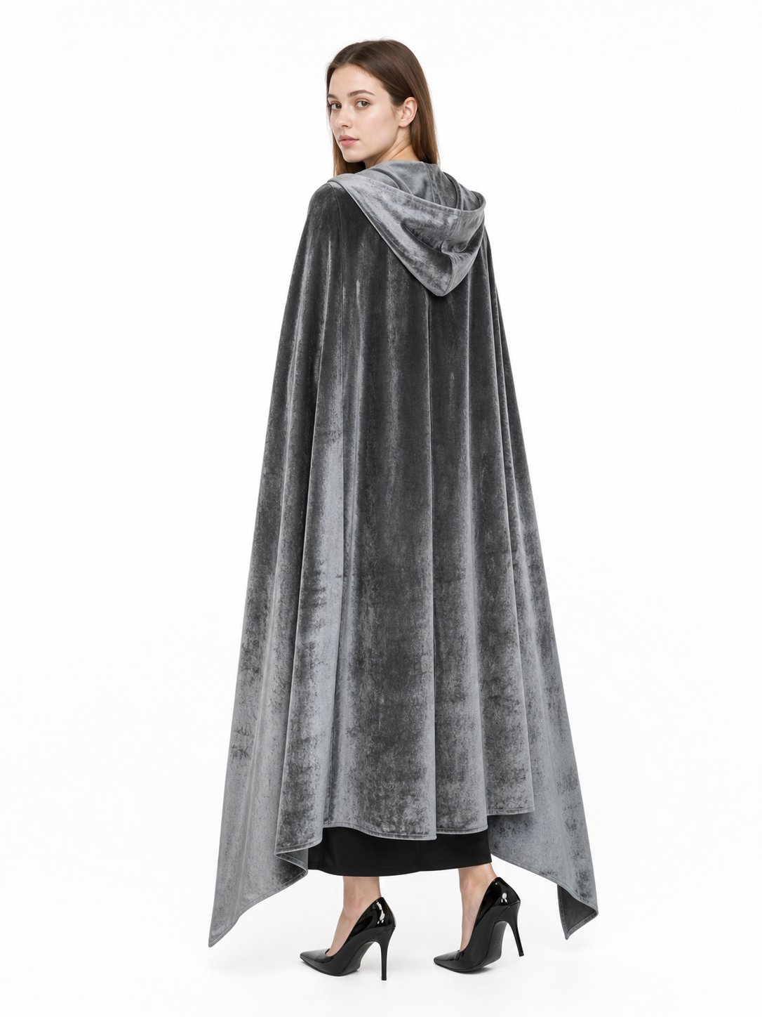 Gray Hooded Long Costume Cape