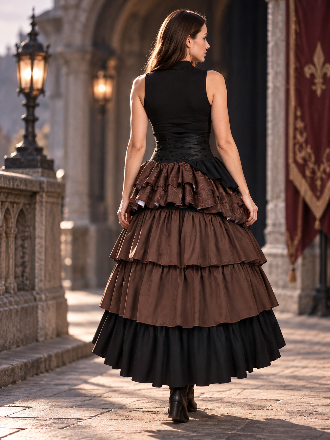 High-Waisted Tiered Skirt with Jacquard Pattern back view