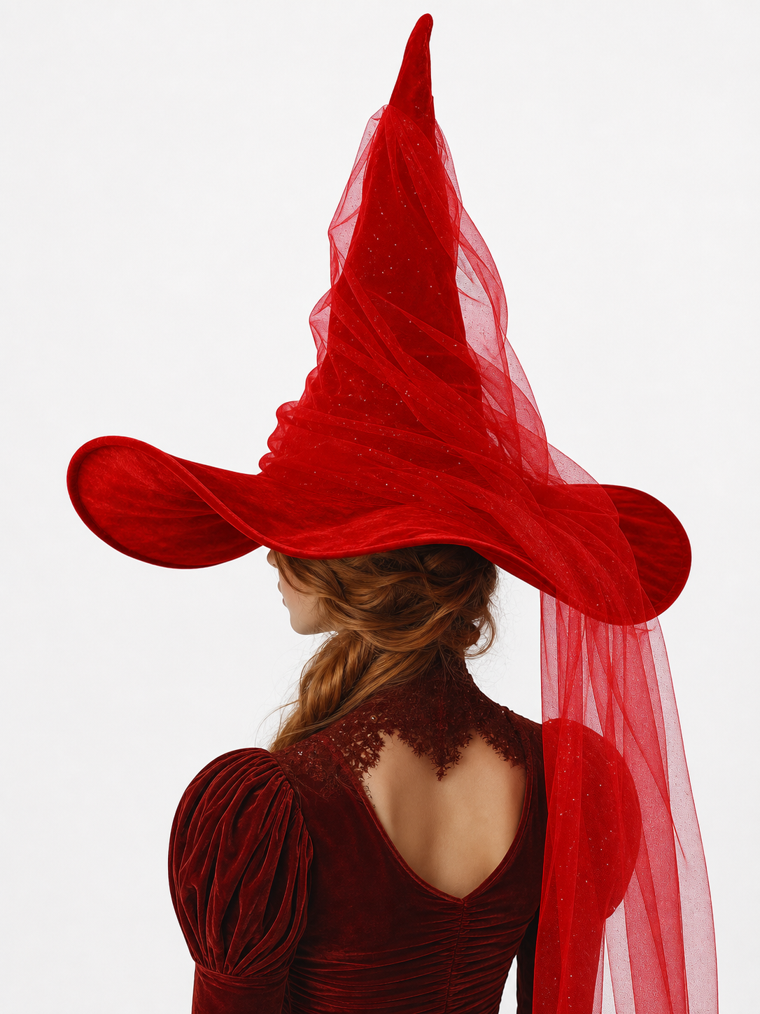 1pc Red Halloween Witch Hat with Very Tall Pointed Crown, Extra-Wide Floppy Brim and Sheer Glitter-Speckled Overlay for Cosplay Parties