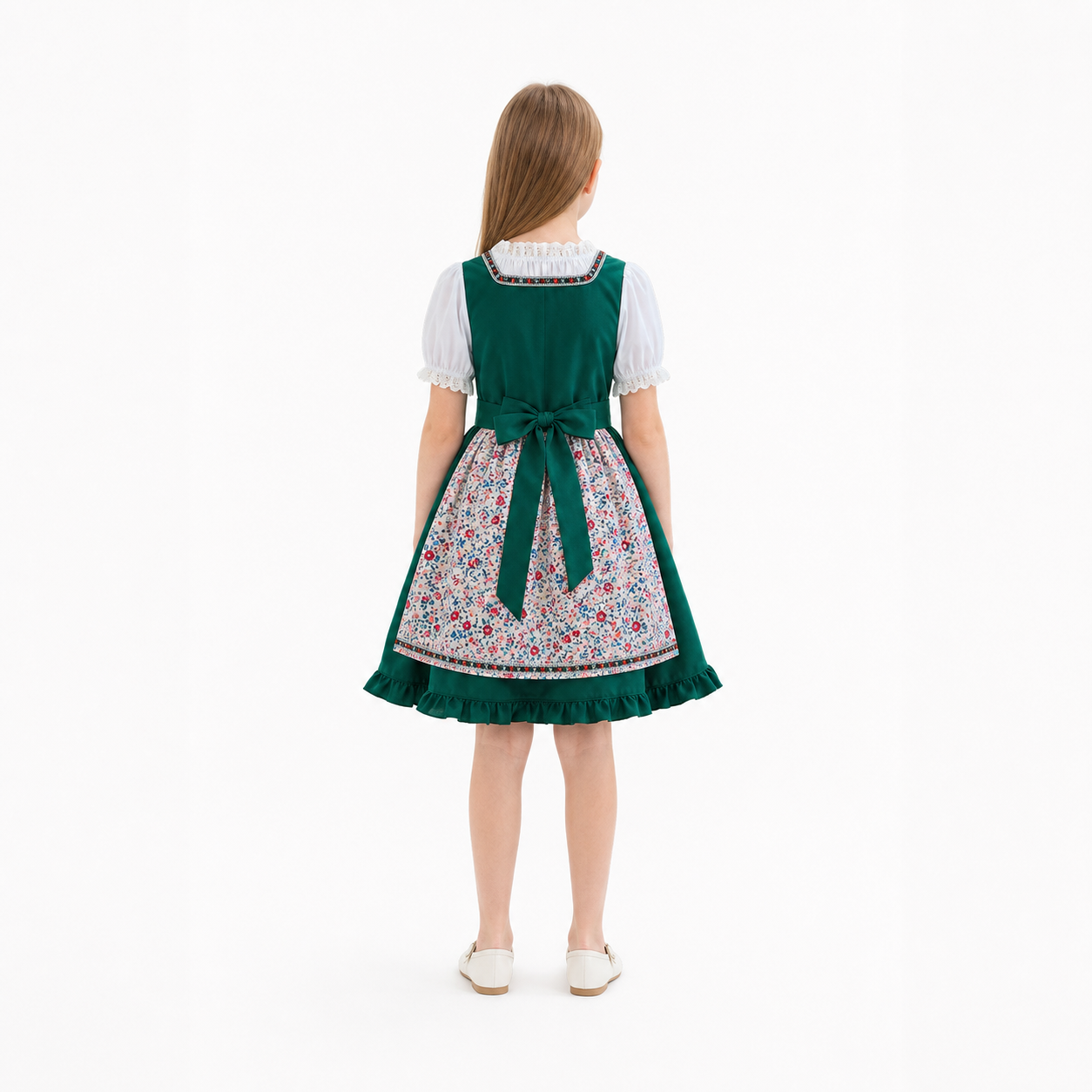 Green Girls’ Dirndl-Style Dress with Apron and Headscarf