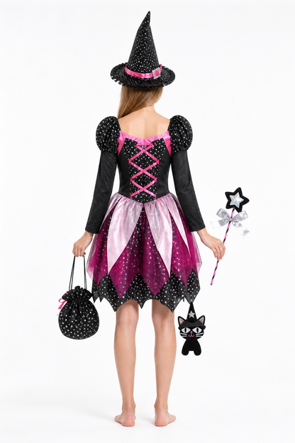 Witch Costume with Dress, Hat, and Wand back view