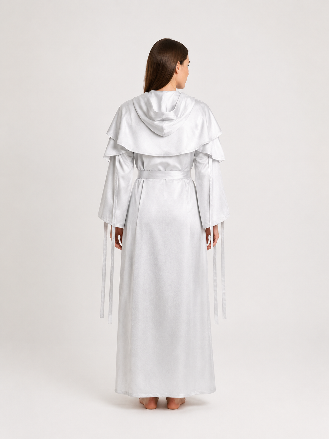 White Stage Costume with Hood and Belt for Cosplay back view