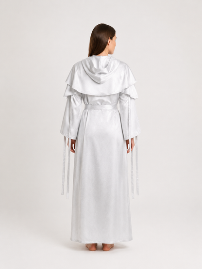White Stage Costume with Hood and Belt for Cosplay back view