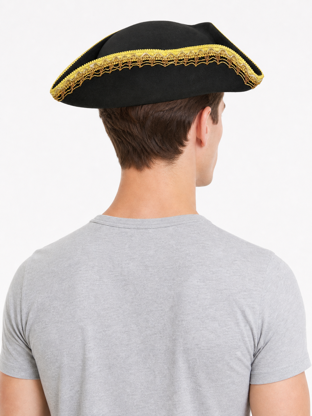 Black and Gold Trim Pirate Hat, Wide Curved Tricorn Costume Headpiece with Structured Crown for Cosplay, Costume Parties and Themed Events