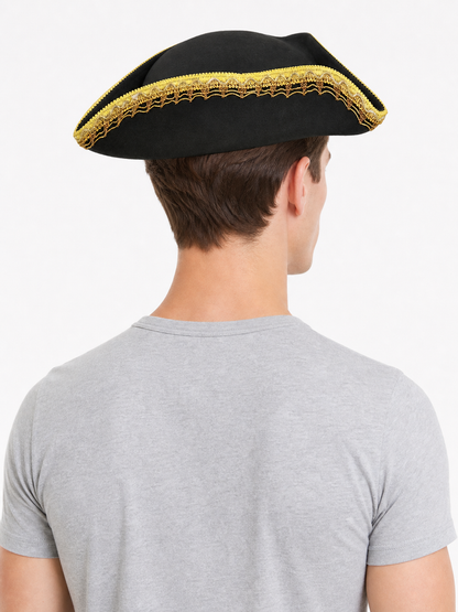 Black and Gold Trim Pirate Hat, Wide Curved Tricorn Costume Headpiece with Structured Crown for Cosplay, Costume Parties and Themed Events