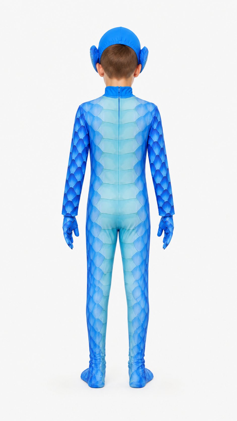 Blue Monster Jumpsuit with Scales, Headpiece, and Gloves back view
