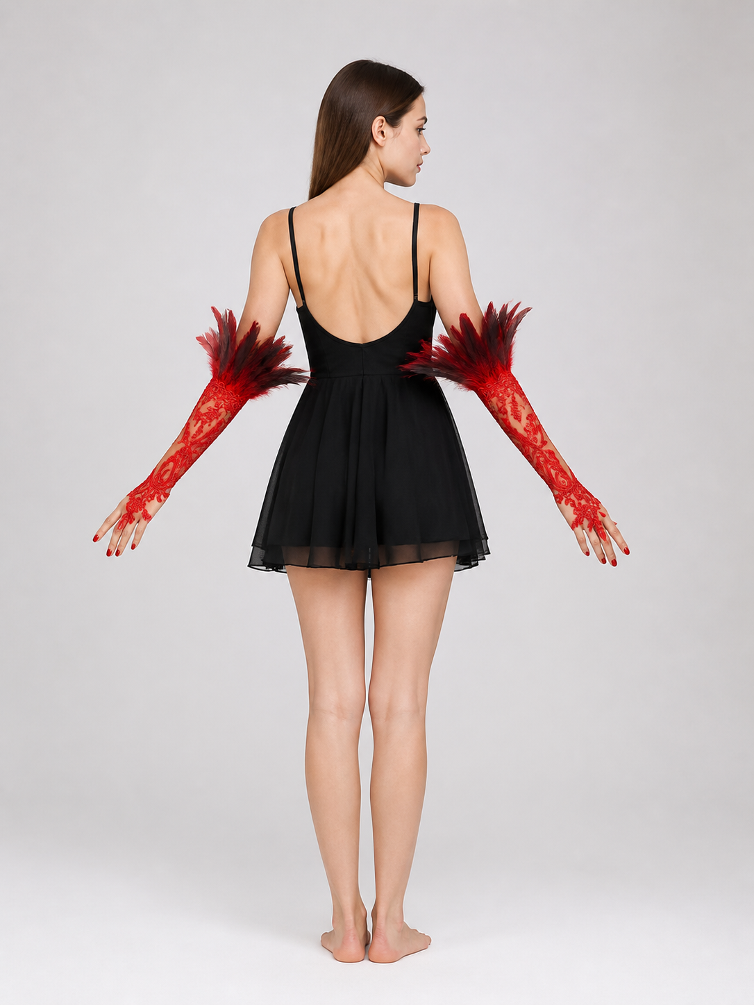 Red Carnival Gloves with Black-and-Red Feathers, Pair