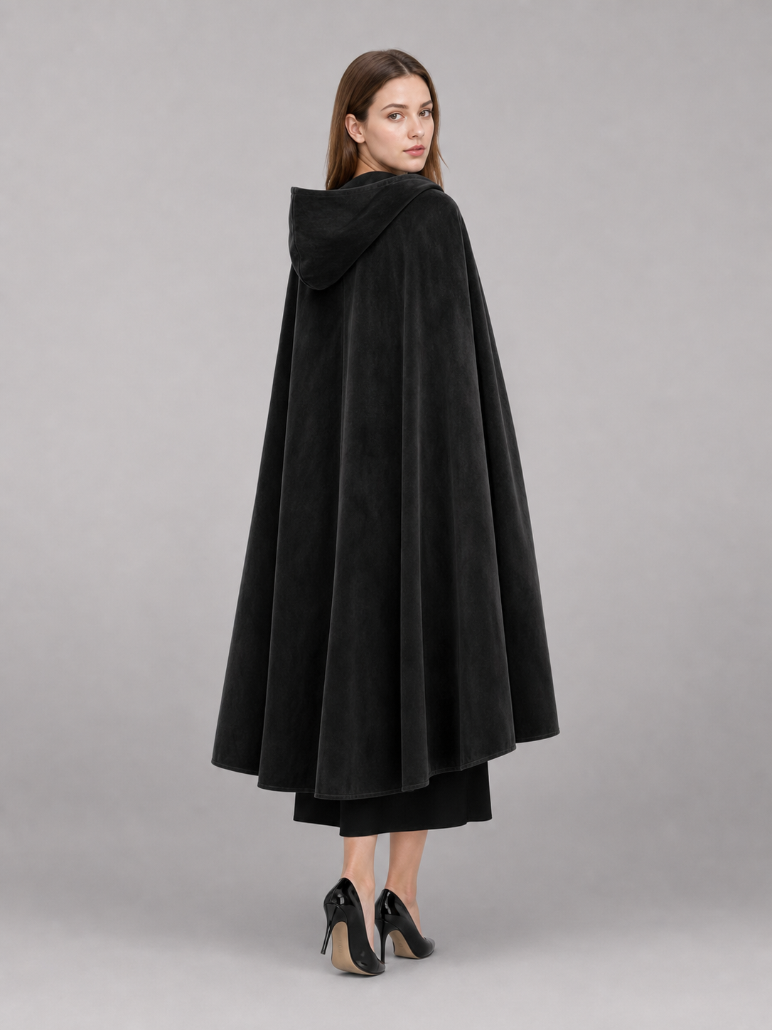 Long black hooded costume cloak