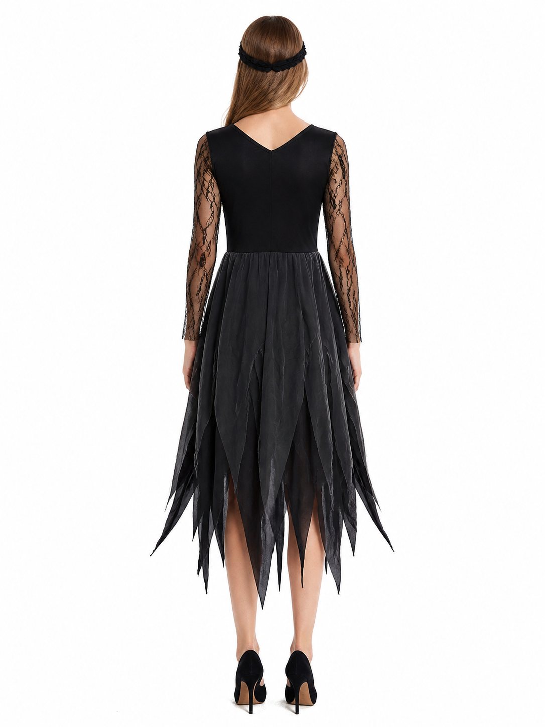 Long Black Gothic Dress with Ripped Hem back view