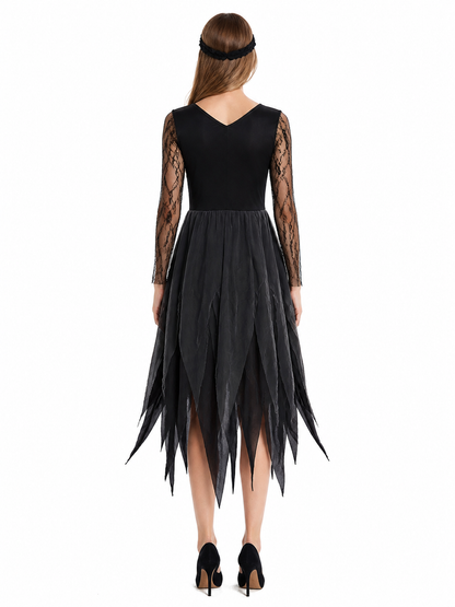 Long Black Gothic Dress with Ripped Hem back view