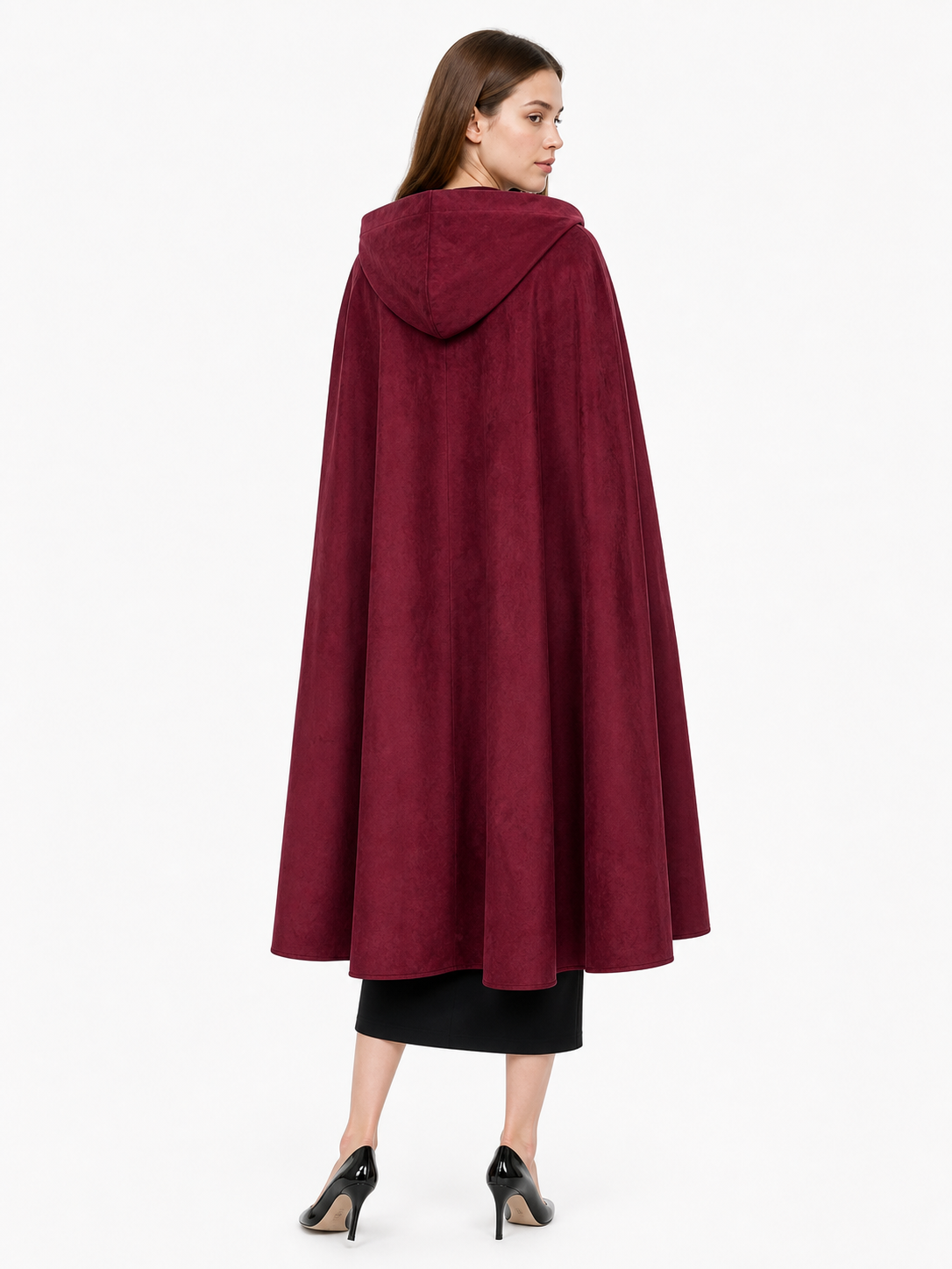 Long burgundy carnival cloak with hood