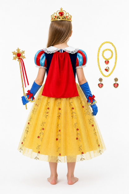 Snow White Costume with a Full Skirt and Red Cape back view