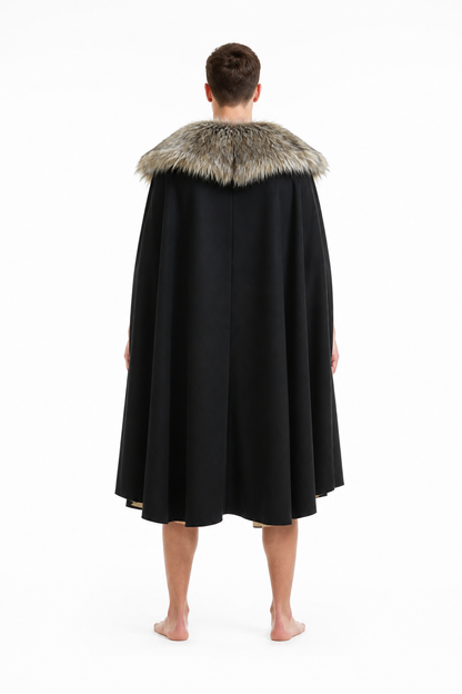 Long Cloak with Fur Collar and Buttons back view