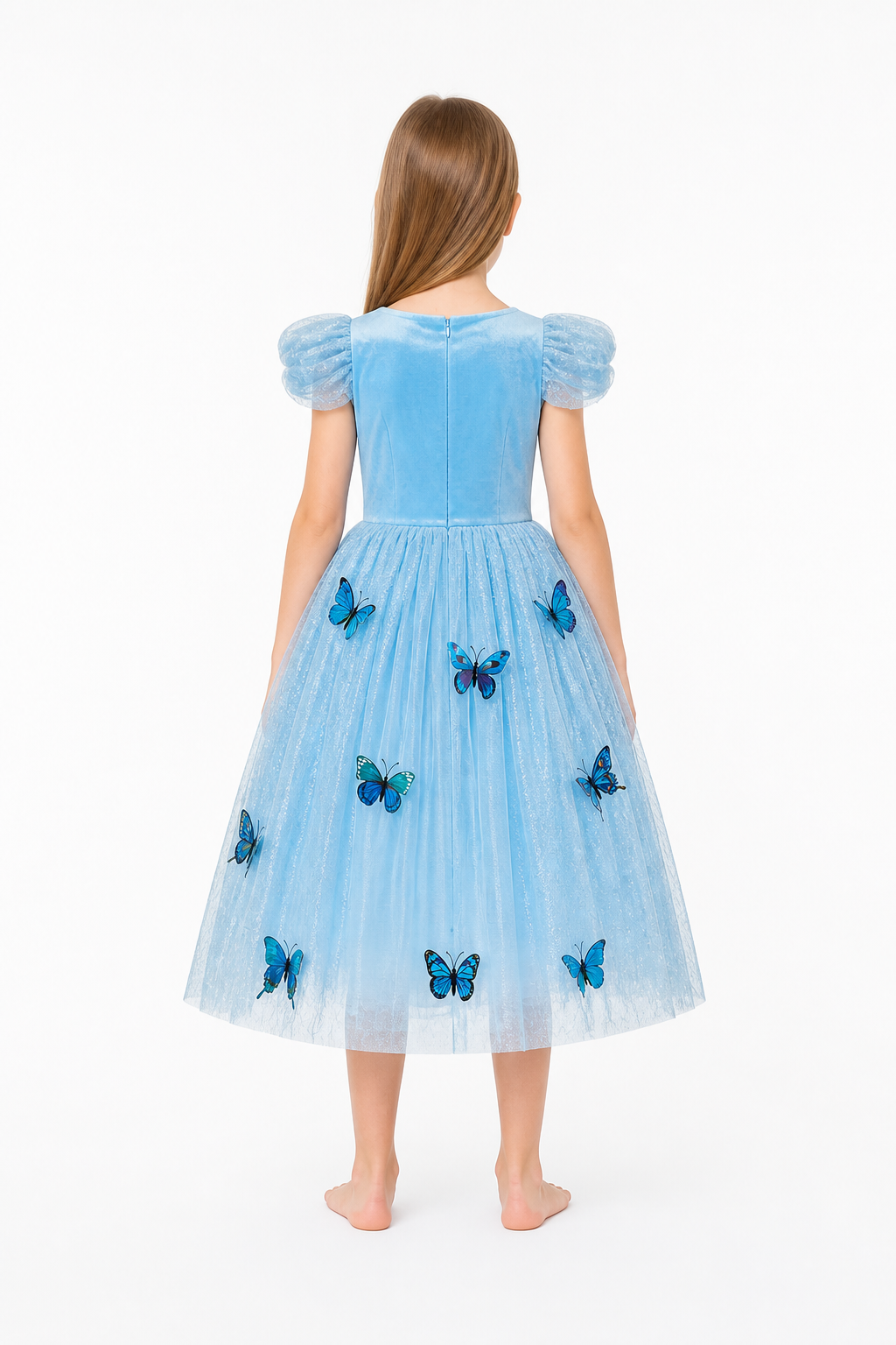 Blue Princess Dress with Butterflies and Full Skirt back view