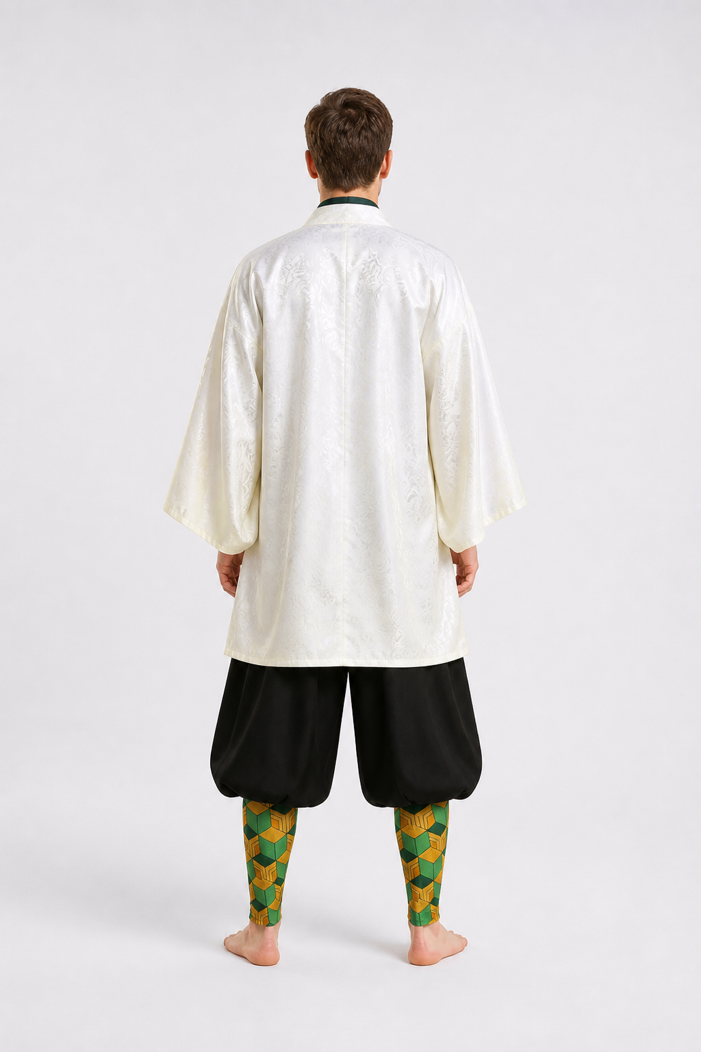 Sabito Cosplay Costume with White Haori and Geometric Pattern back view