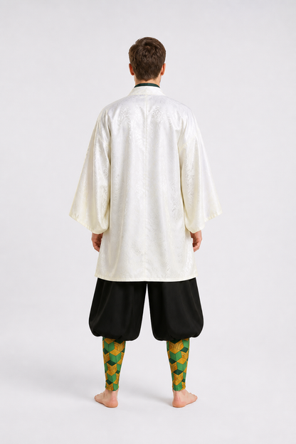 Sabito Cosplay Costume with White Haori and Geometric Pattern back view