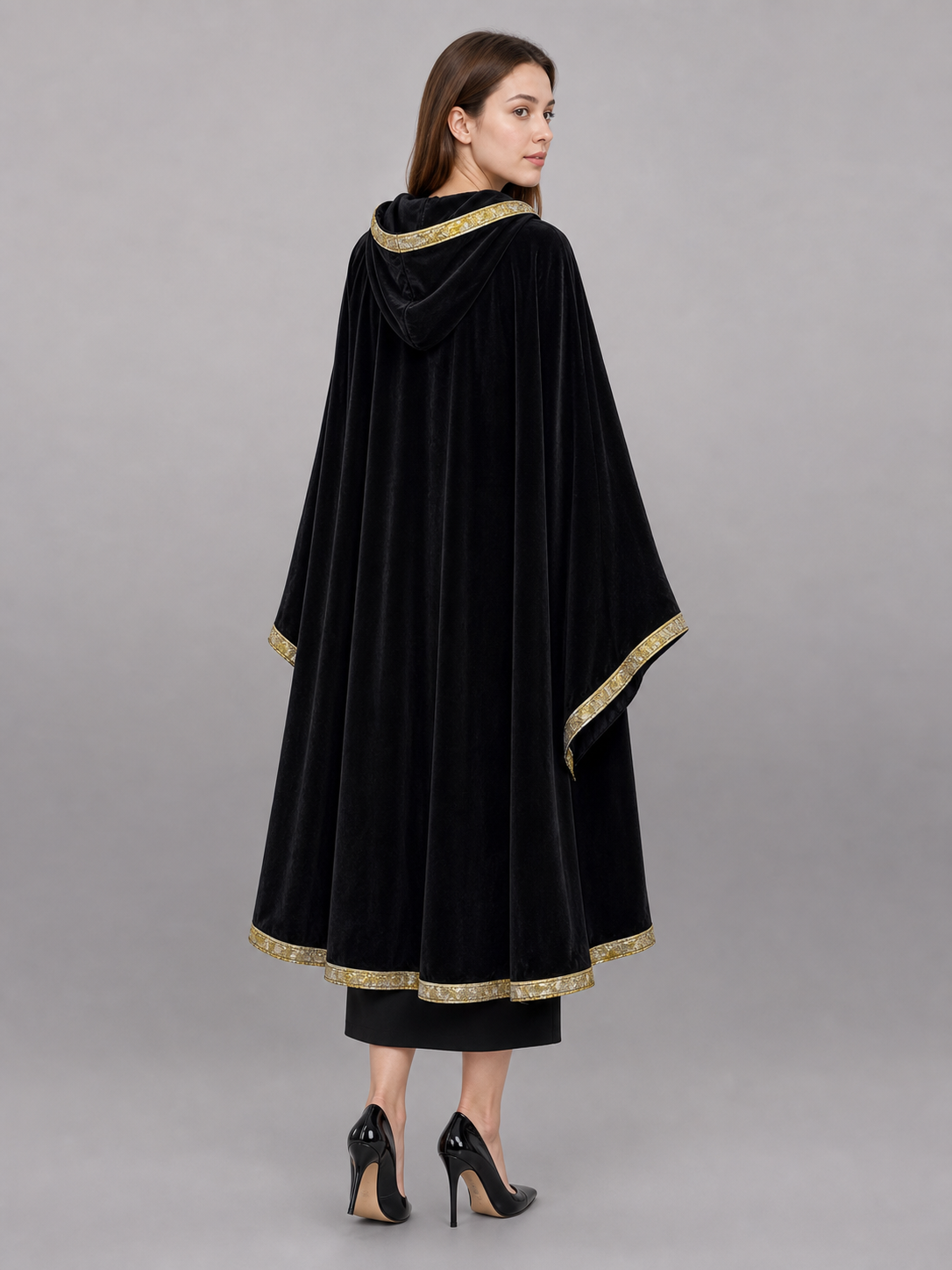 Black Carnival Cloak with Hood and Gold Trim