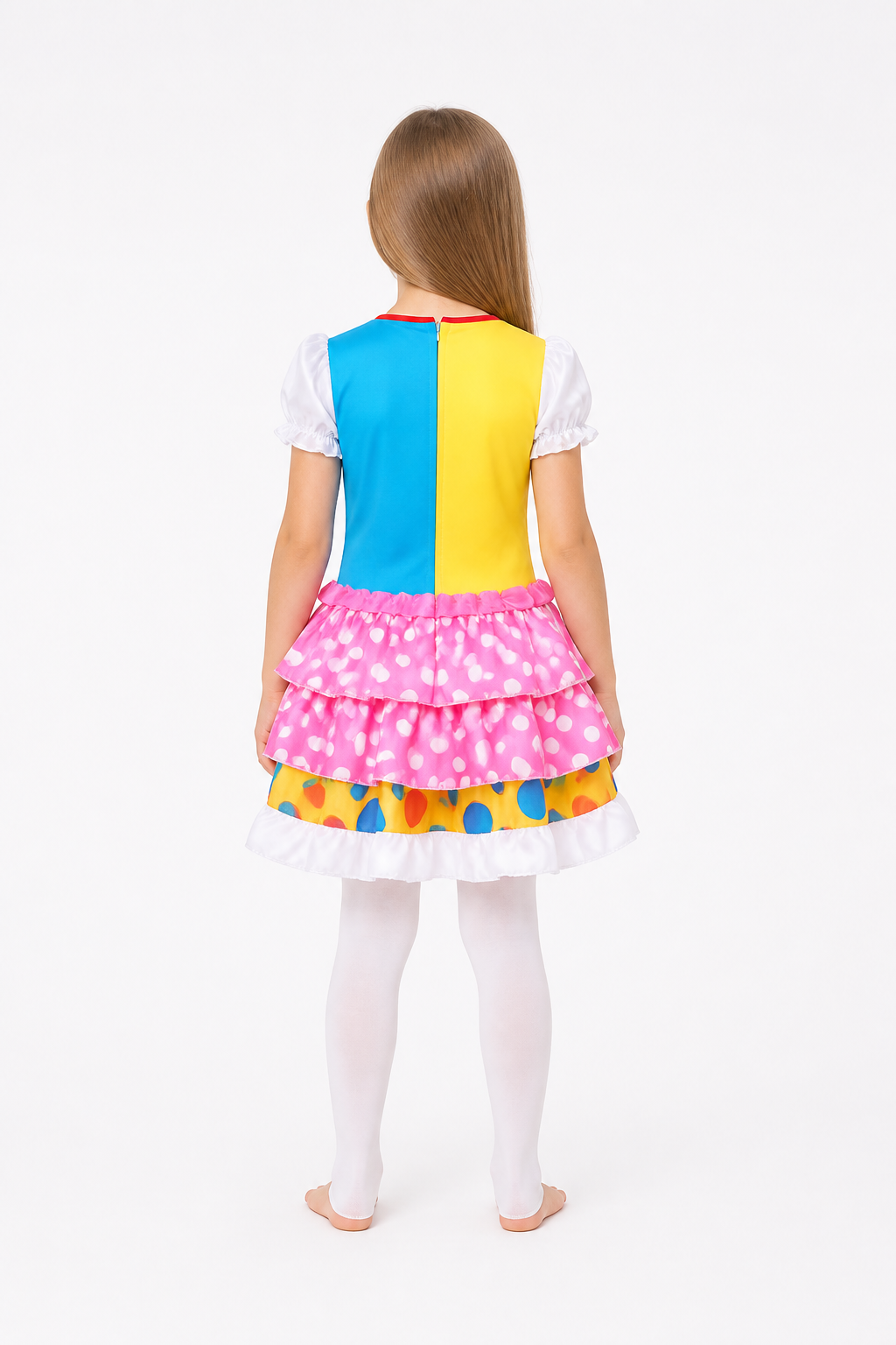 Clown costume dress with ruffles and a bow for parties back view