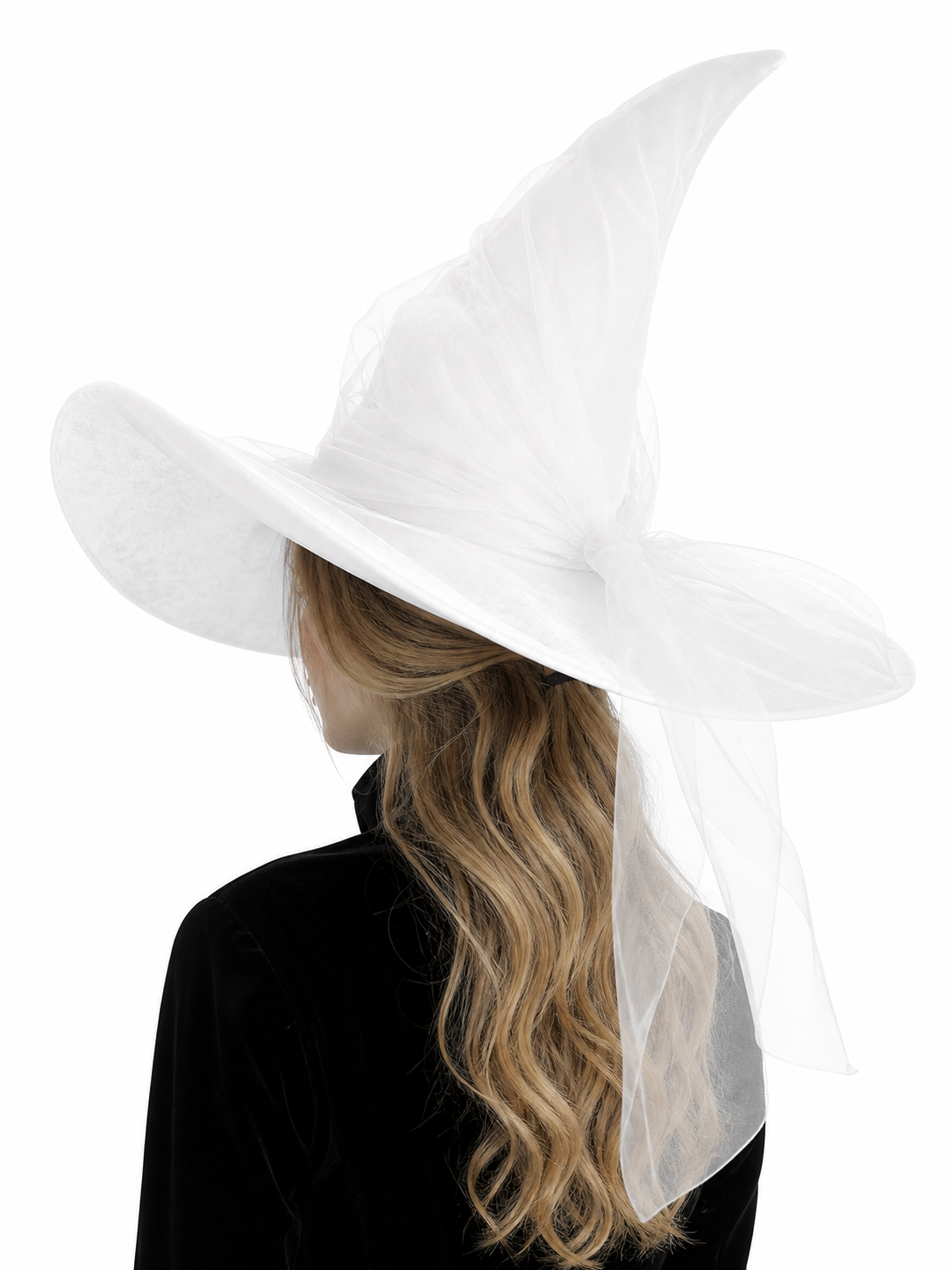 White Halloween Witch Hat With Wide Floppy Brim, Sheer Layered Fabric, Curved Pointed Crown And Trailing Veil For Cosplay Costume Party