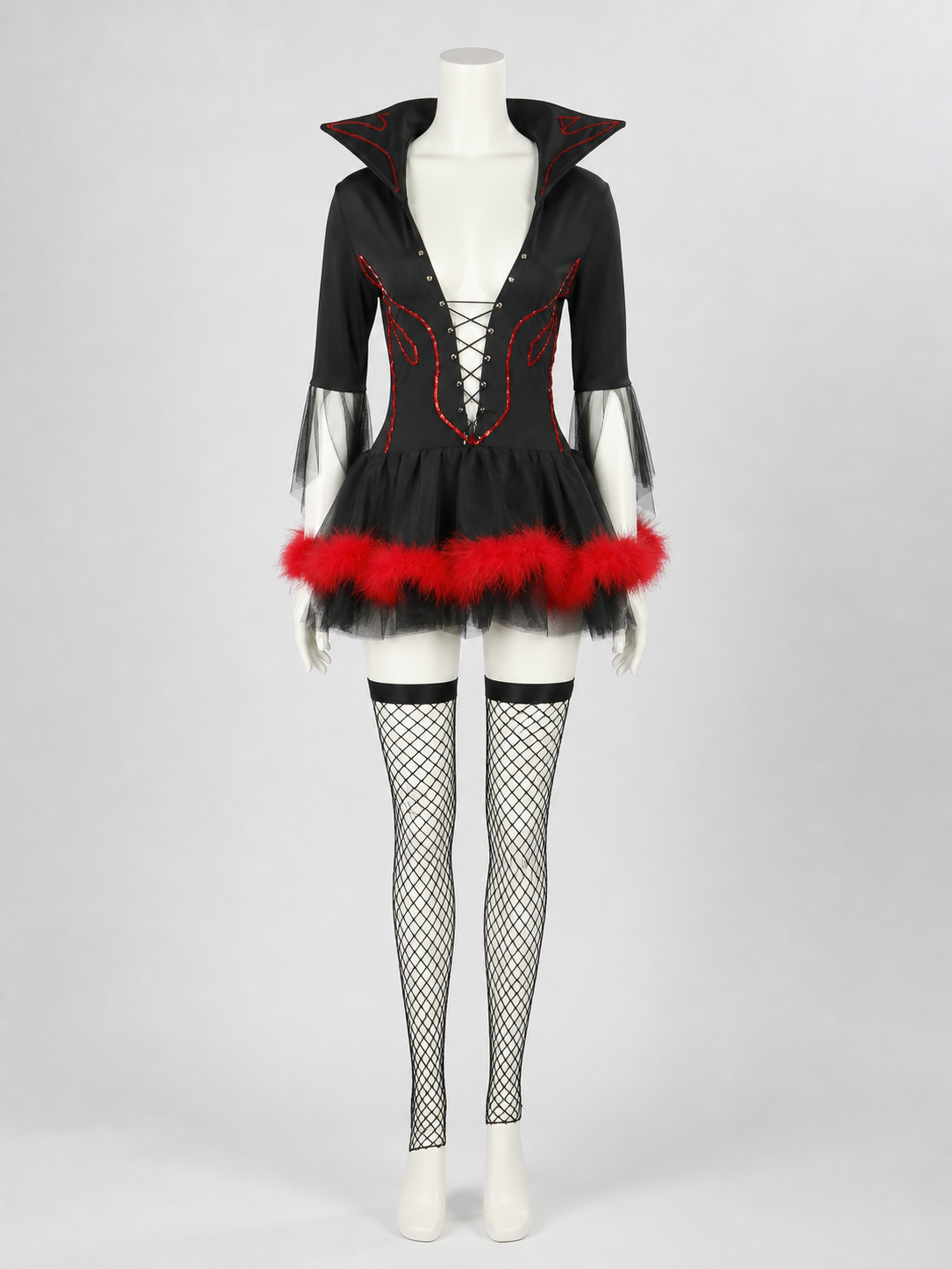 The Halloween costume is designed in a black-and-red color scheme and combines back view
