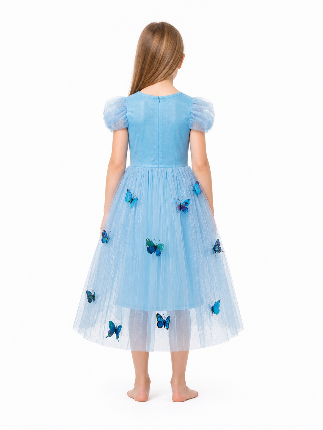 Blue Layered Children's Dress with Butterflies back view