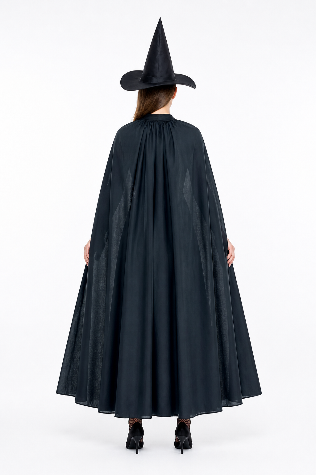 Black Carnival Costume with Cape and Pointed Hat back view