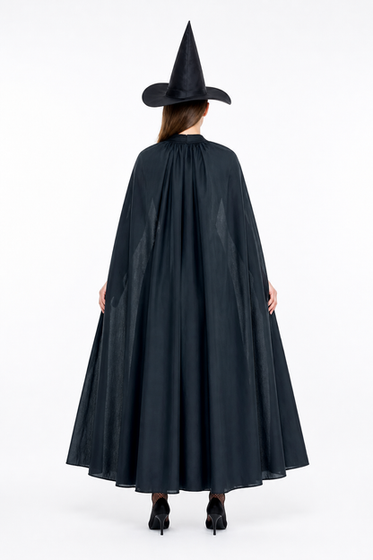 Black Carnival Costume with Cape and Pointed Hat back view