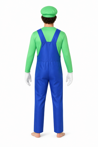 Green Luigi Cosplay Costume with Mustache and Hat back view