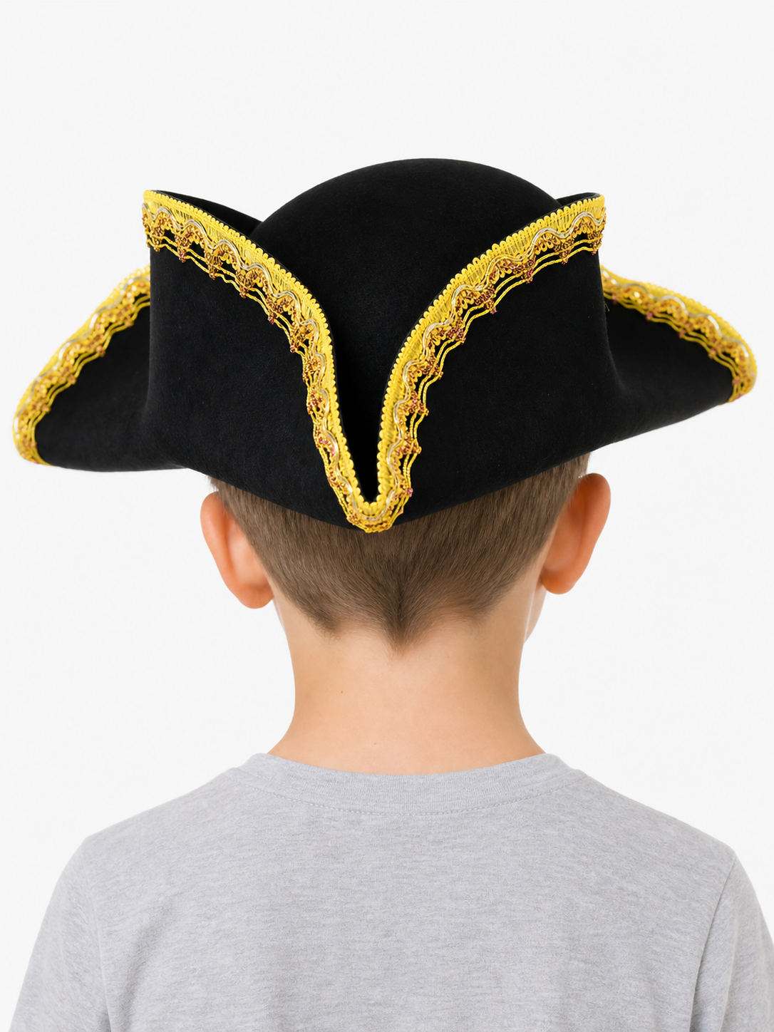 Children's black pirate tricorn hat with decorative gold trim for costume play and themed events