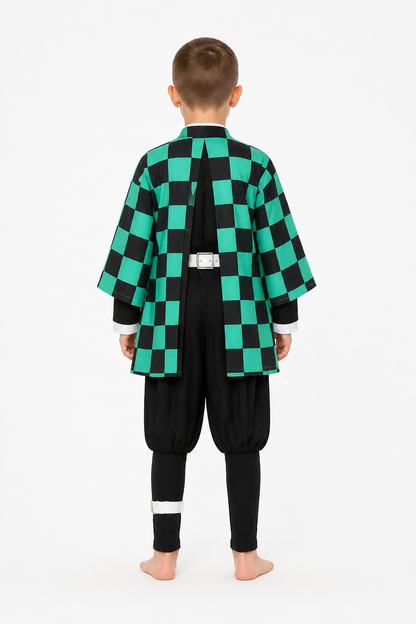 Tanjiro Cosplay Costume with Checkered Haori back view