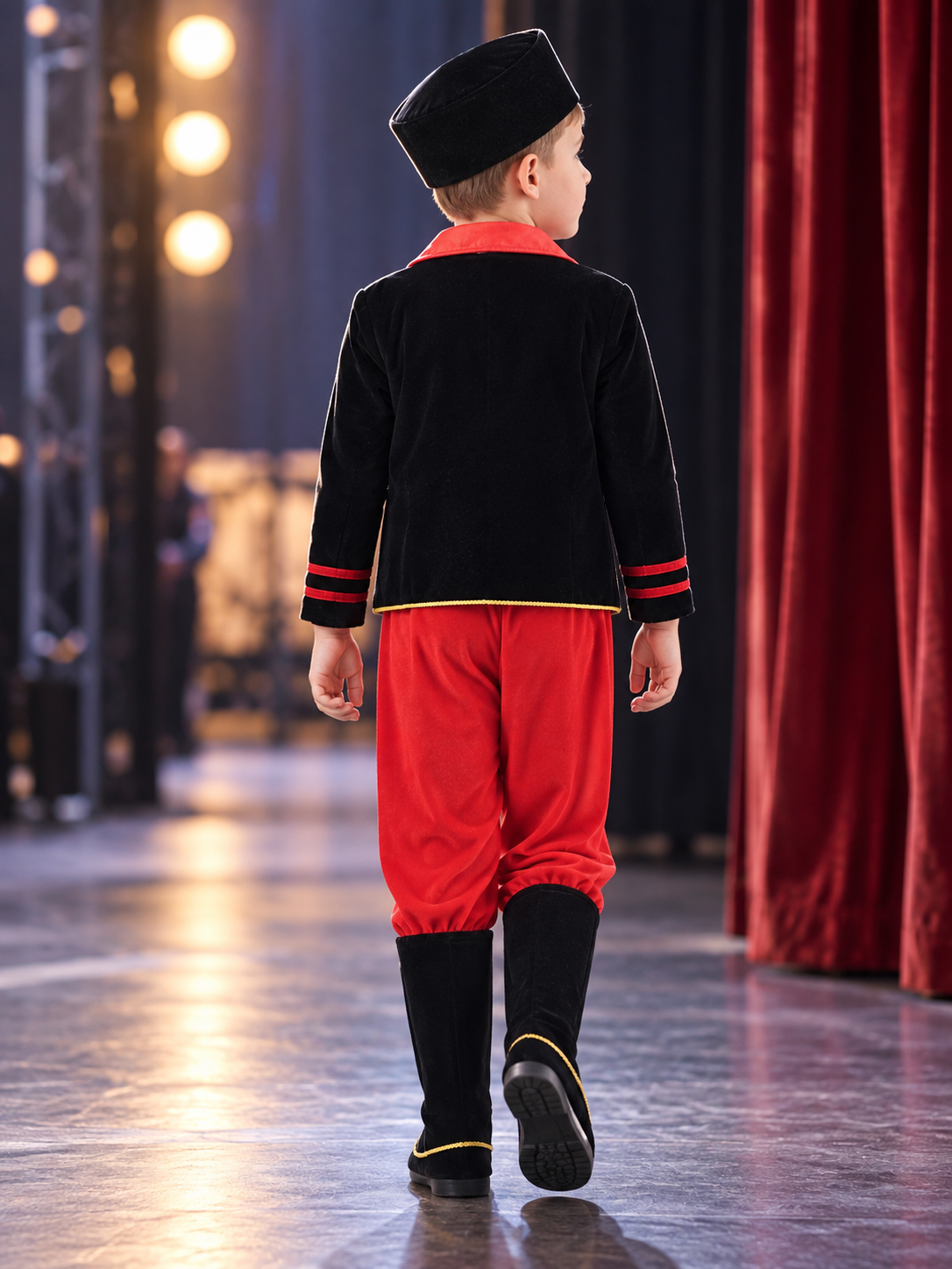 Children’s stage costume with shoes and headwear back view