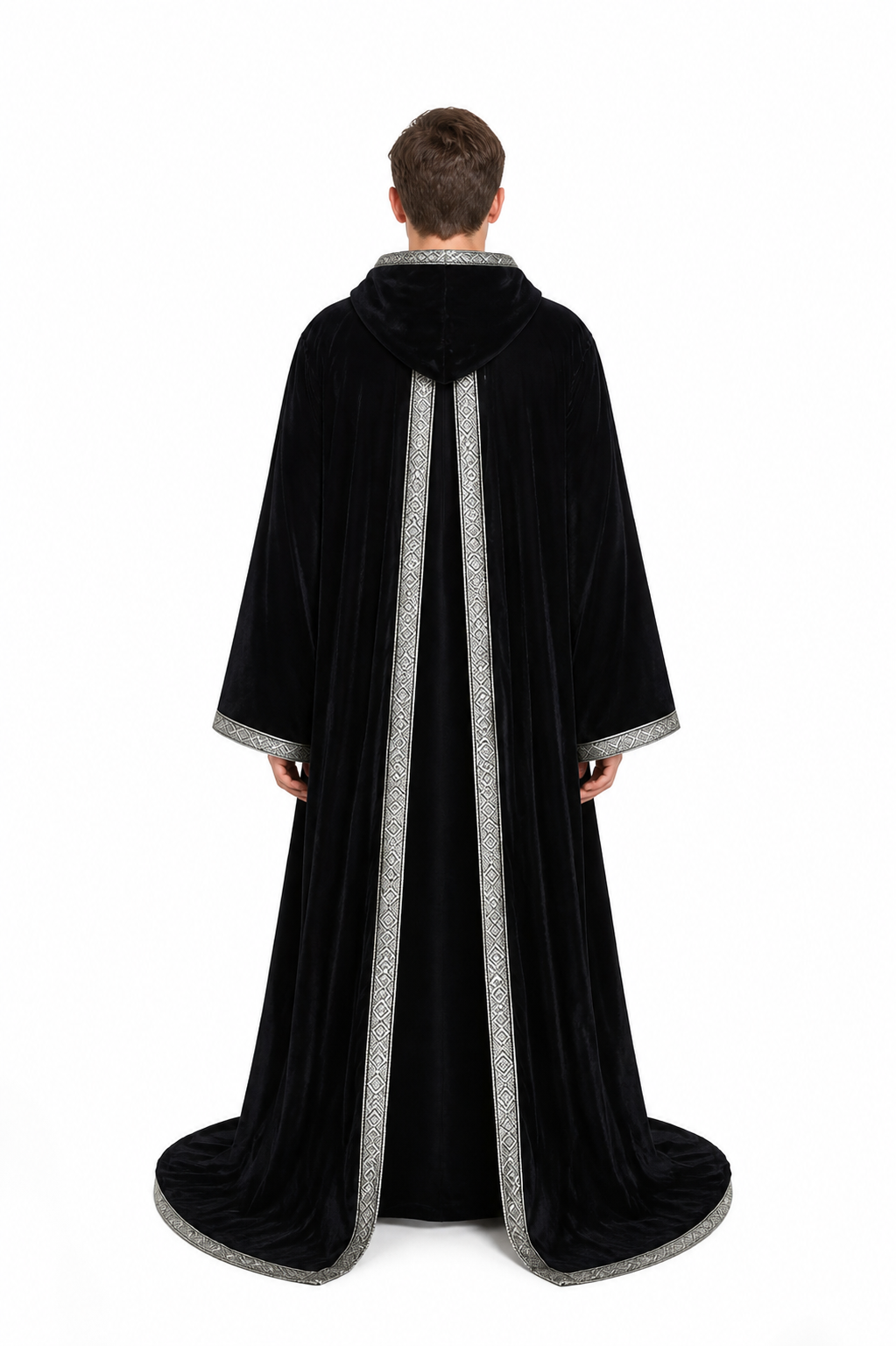 Black Hooded Cloak with Silver Trim, Godfather Death Cosplay back view
