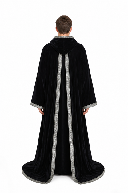 Black Hooded Cloak with Silver Trim, Godfather Death Cosplay back view