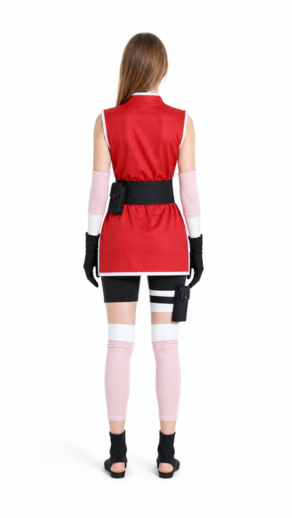 Sakura Red Cosplay Costume with Accessories back view