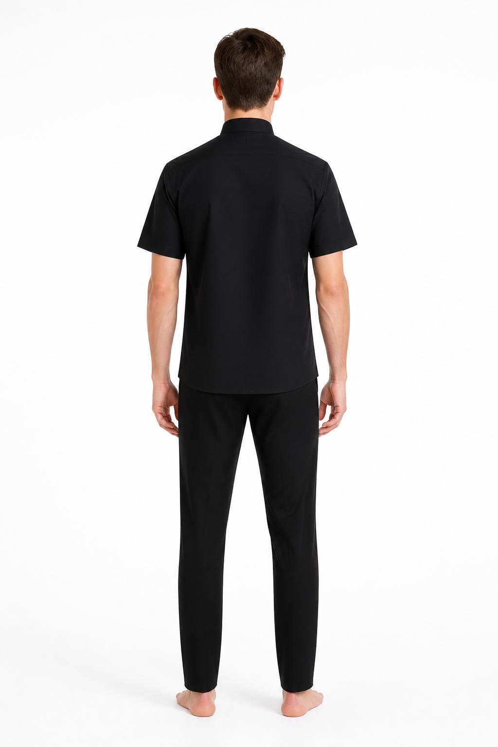 Black Short-Sleeve Shirt with Stand Collar back view