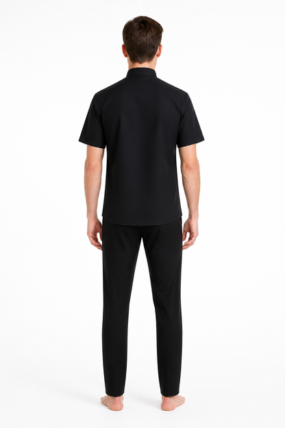 Black Short-Sleeve Shirt with Stand Collar back view