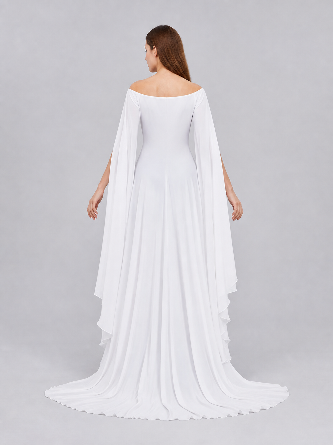 White Dress with a Square Neckline and Wide Sleeves
